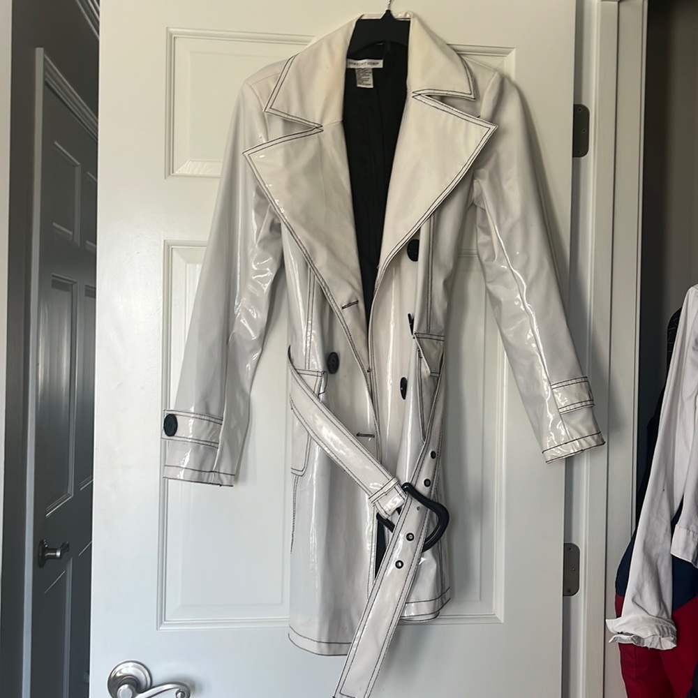 White lined spring rain coat patten leather